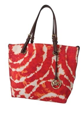 Michael Kors Jet Set Tie Die Persimmon Orange Canvas Tote with Leather Handles